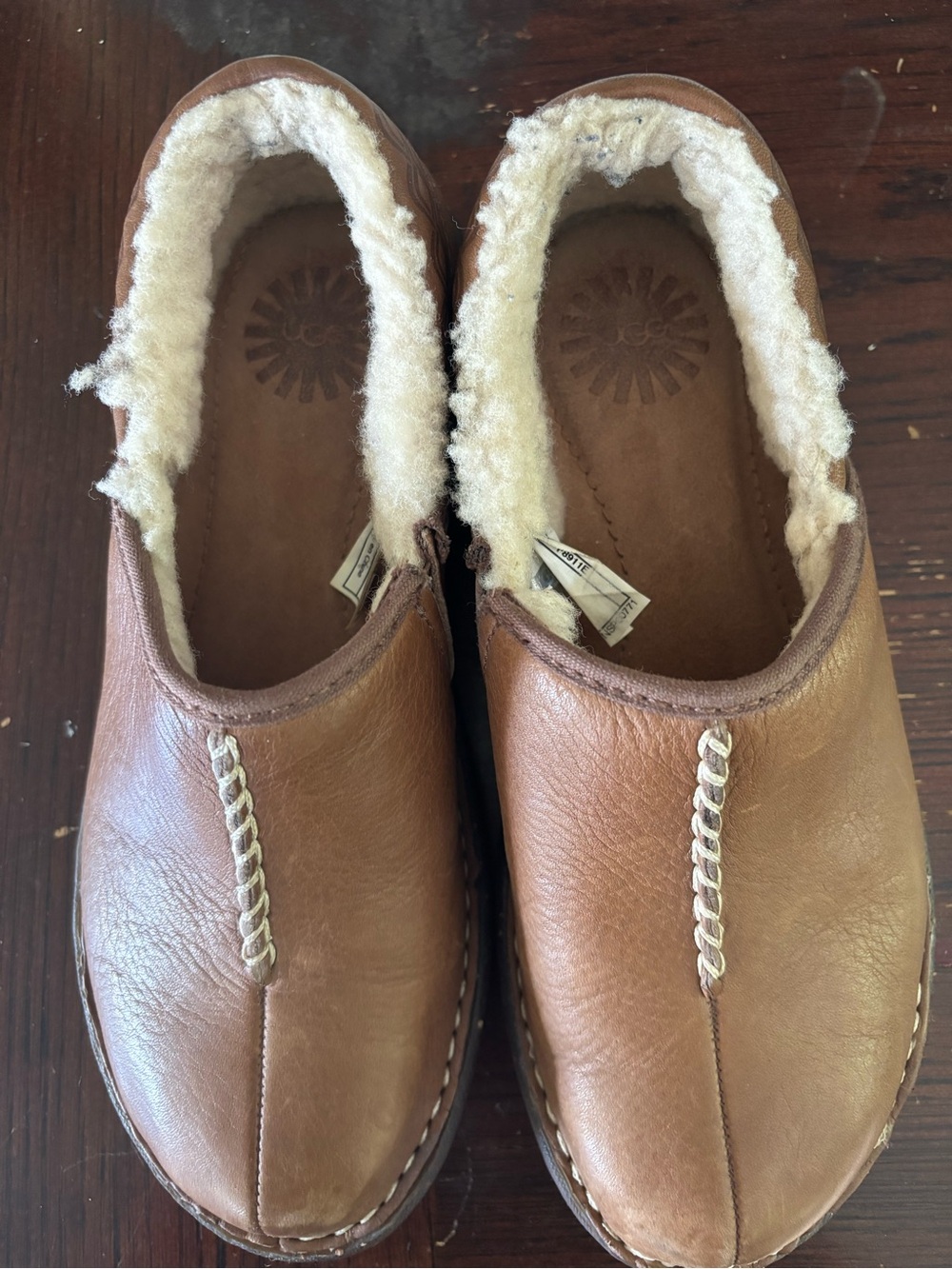 UGG Women's Brown Leather Shearling-Lined Slip-On Clogs